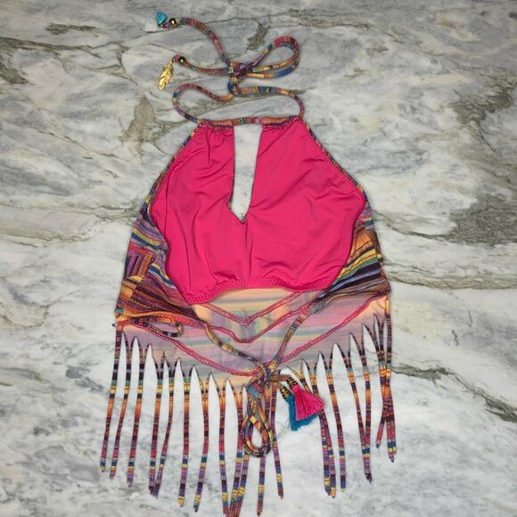 Alé by Alessandra Rainbow Patchwork Halter Fringe Bikini Tankini Top Size XS - Picture 3 of 5